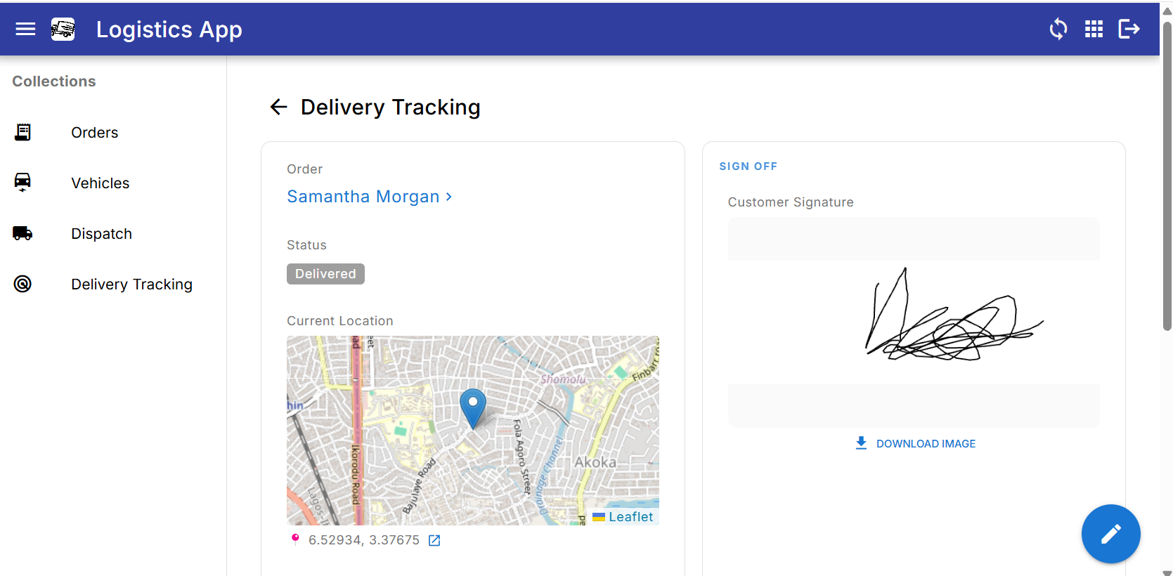 Delivery tracking record with GPS location and customer signature