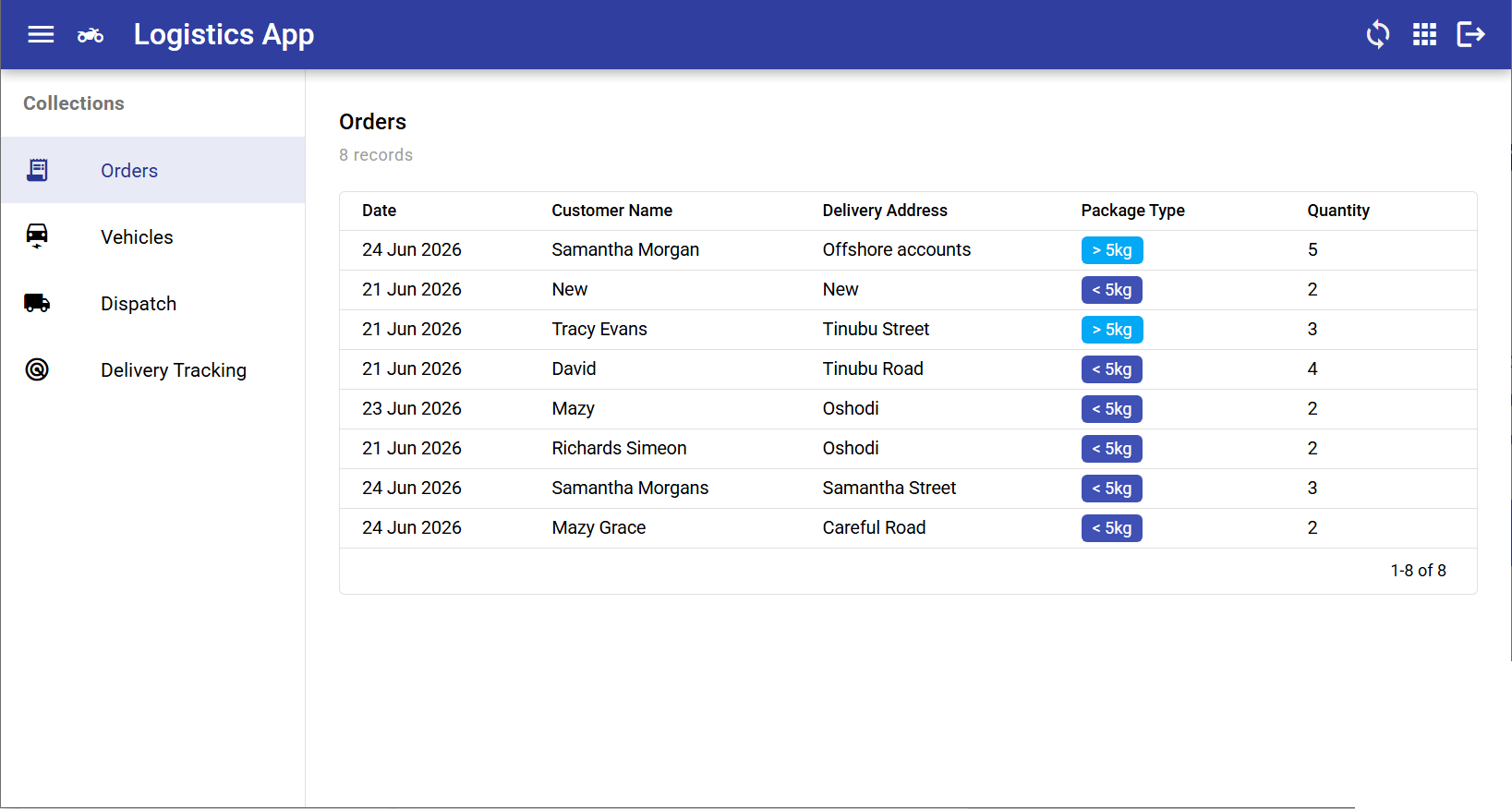 Logistics app order list