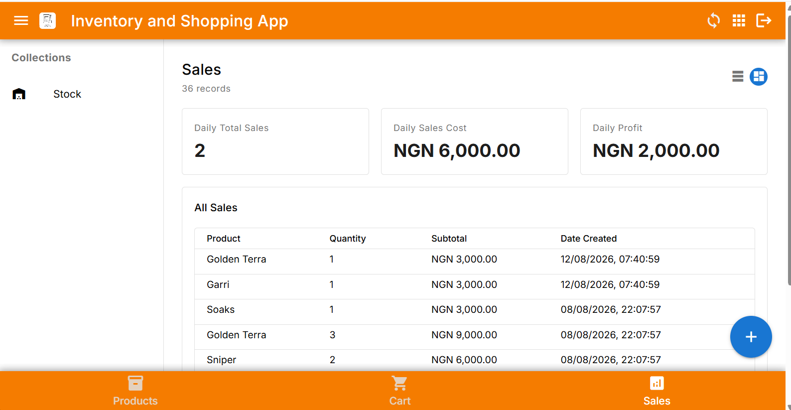 Sales dashboard with daily totals, cost, and profit computed live