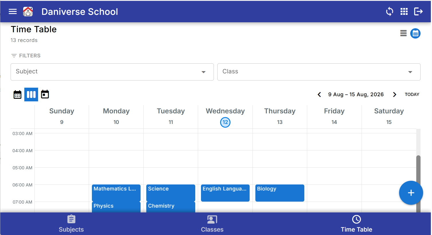 School timetable in a weekly calendar view